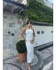 Beyaz Halter Yaka Aksesuarlı Uzun Elbise