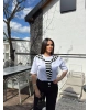 Beyaz Çizgili Fularlı Oversize Tshırt