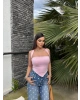 Pembe Asimetrik Kesim Crop Top