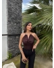 Kahverengi Boyun Aksesuarlı Bodysuit