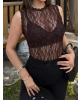 Kahverengi Bisiklet Yaka Dantel Bodysuit