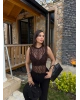 Kahverengi Bisiklet Yaka Dantel Bodysuit