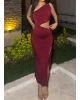 Bordo Çift Aksesuarlı Bel Detay Tek Omuz Elbise