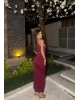 Bordo Çift Aksesuarlı Bel Detay Tek Omuz Elbise