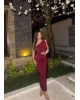 Bordo Çift Aksesuarlı Bel Detay Tek Omuz Elbise