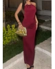 Bordo Halter Yaka Aksesuarlı Uzun Elbise