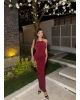 Bordo Halter Yaka Aksesuarlı Uzun Elbise
