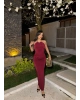 Bordo Halter Yaka Aksesuarlı Uzun Elbise