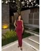Bordo Halter Yaka Aksesuarlı Uzun Elbise