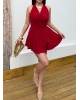 Kırmızı Degaje Yaka Boyundan Bağlamalı Mini Elbise