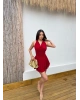 Kırmızı Degaje Yaka Boyundan Bağlamalı Mini Elbise