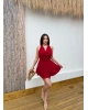 Kırmızı Degaje Yaka Boyundan Bağlamalı Mini Elbise
