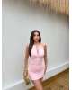 Pembe Boyun Gold Aksesuarlı Mini Elbise