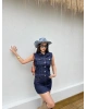 Koyu Mavi Denim Yelek Etek Takım