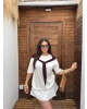 Beyaz Bordo Fularlı Oversize Tshırt