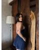 Mavi Taşlı Crop Etek Takım
