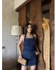 Mavi Taşlı Crop Etek Takım