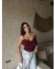 Bordo Askılı V Yaka Dantel Bluz