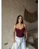Bordo Askılı V Yaka Dantel Bluz