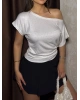Beyaz Taşlı Kayık Yaka Basic Crop