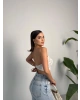 Beyaz Kopçalı Straplez Dantel Crop