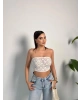 Beyaz Kopçalı Straplez Dantel Crop