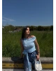 Mavi Kayık Yaka Dantel Astarlı Bluz