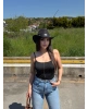 Siyah Taşlı ip Askılı Bodysuit