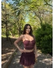 Bordo Tül Taşlı Mini Etek Takım