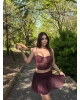 Bordo Tül Taşlı Mini Etek Takım