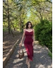 Bordo Drapeli Degaje Yaka Uzun Elbise