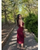Bordo Drapeli Degaje Yaka Uzun Elbise