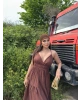 Kahverengi Sırt Detay Keten Elbise