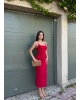 Kırmızı Ayarlanabilir Askılı Yırtmaçlı Uzun Elbise
