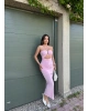 Pembe Drapeli Aksesuarlı Uzun Elbise