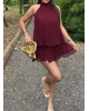 Bordo Mini Şifon Elbise