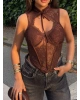 Kahverengi Güpürlü Boyundan Bağlamalı Korse Crop