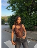 Kahverengi Güpürlü Boyundan Bağlamalı Korse Crop