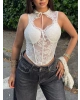 Beyaz Güpürlü Boyundan Bağlamalı Korse Crop