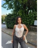 Beyaz Güpürlü Boyundan Bağlamalı Korse Crop
