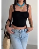 Siyah Güpür Askılı Crop