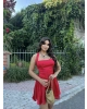 Kırmızı Boyundan Bağlamalı Korseli Saten Elbise