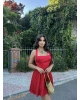 Kırmızı Boyundan Bağlamalı Korseli Saten Elbise