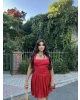 Kırmızı Boyundan Bağlamalı Korseli Saten Elbise