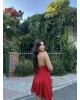 Kırmızı Boyundan Bağlamalı Korseli Saten Elbise