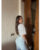 Gri Çizgili Kayık Yaka Basic Crop
