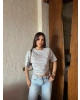Gri Çizgili Kayık Yaka Basic Crop