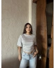 Gri Çizgili Kayık Yaka Basic Crop