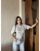 Gri Çizgili Kayık Yaka Basic Crop