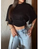 Siyah Beli Büzgülü Yarasa Kol Brshk Crop